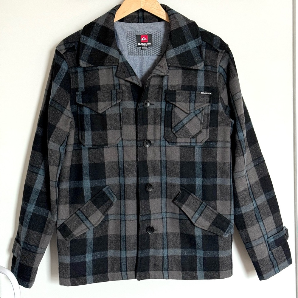 Quiksilver Black Grey Plaid  Wool Blend Heavyweight Shacket Jacket Size Medium